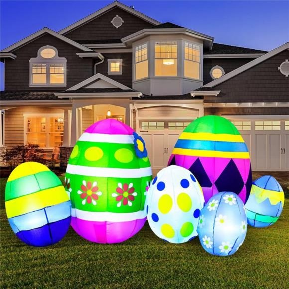 7.5 ft Long Easter Inflatable Eggs w Build-in LEDs, Colorful Blow Up Easter Egr